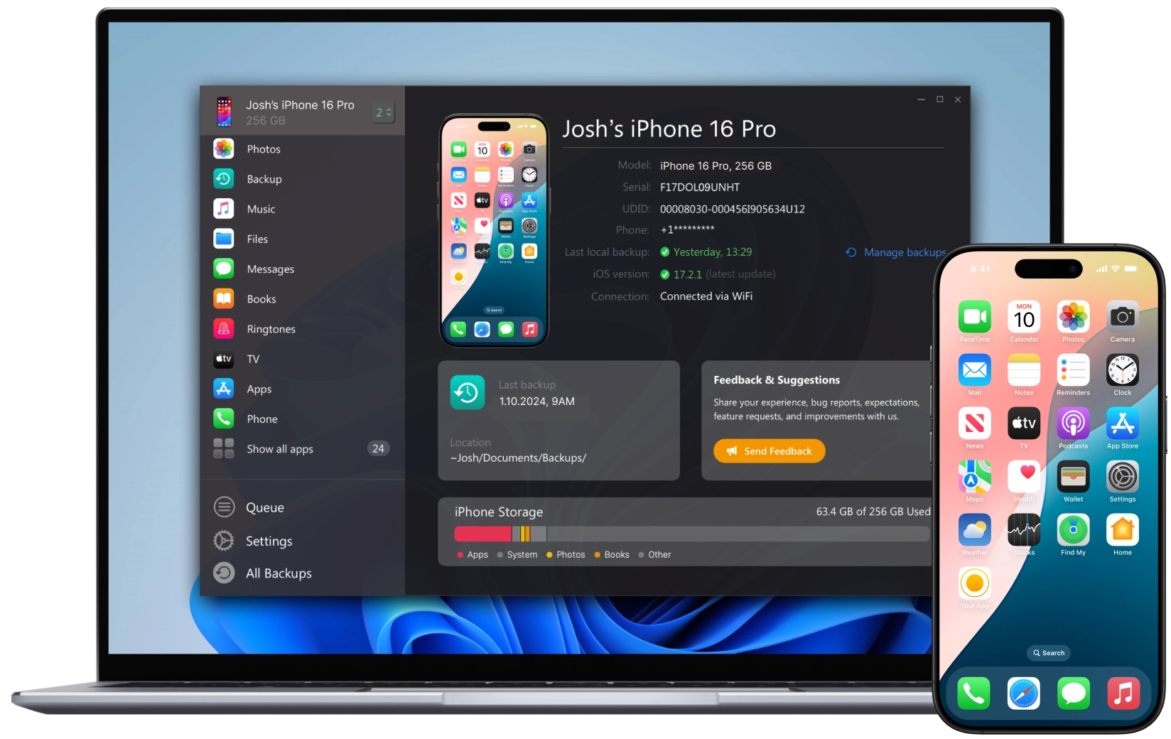 AltTunes running on a Windows laptop next to an iPhone 16 Pro